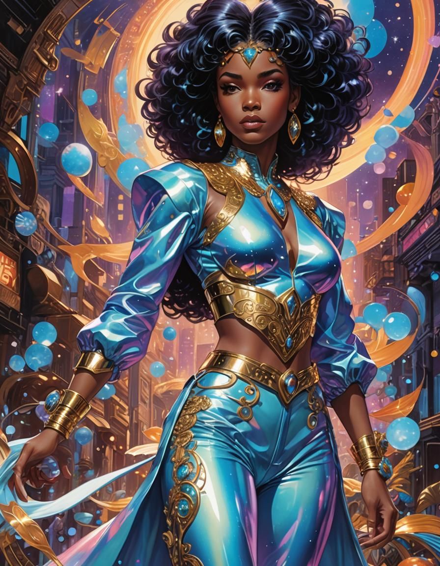 Anime-Style Genie with Iridescent Outfit and Pastel Colors