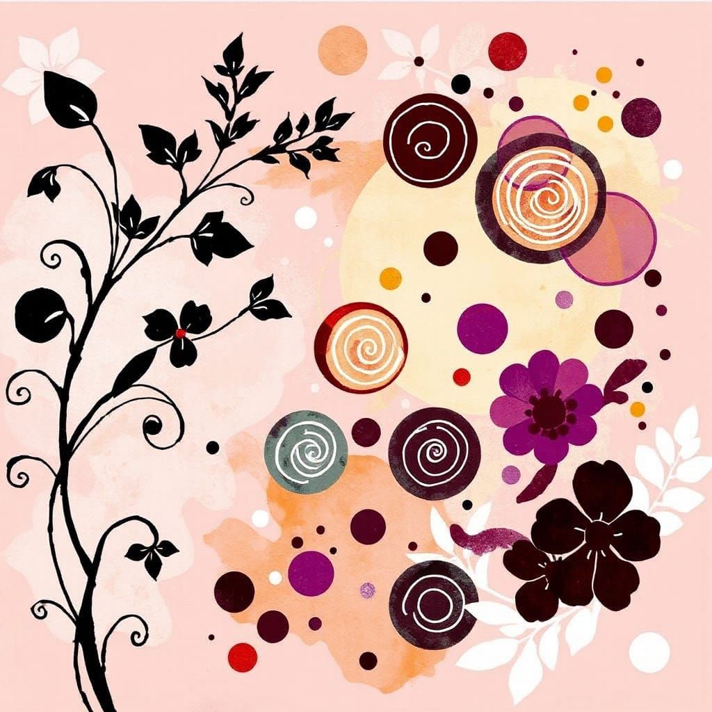 Dreamy Watercolor Artwork with Botanical Silhouettes and Geo...