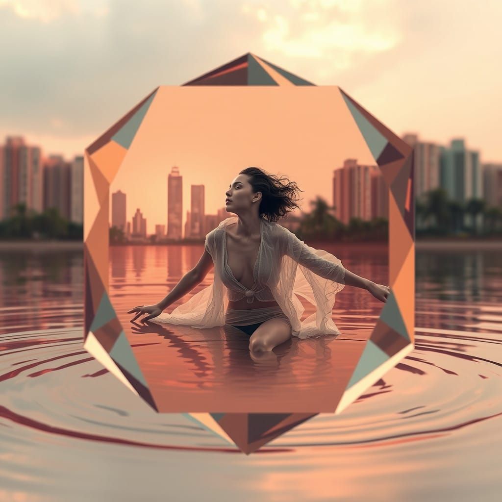 Surreal Woman in Crystal Cubist Dreamscape