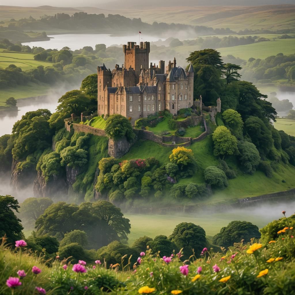 Dunvegan Castle Gardens in Misty Scottish Highlands