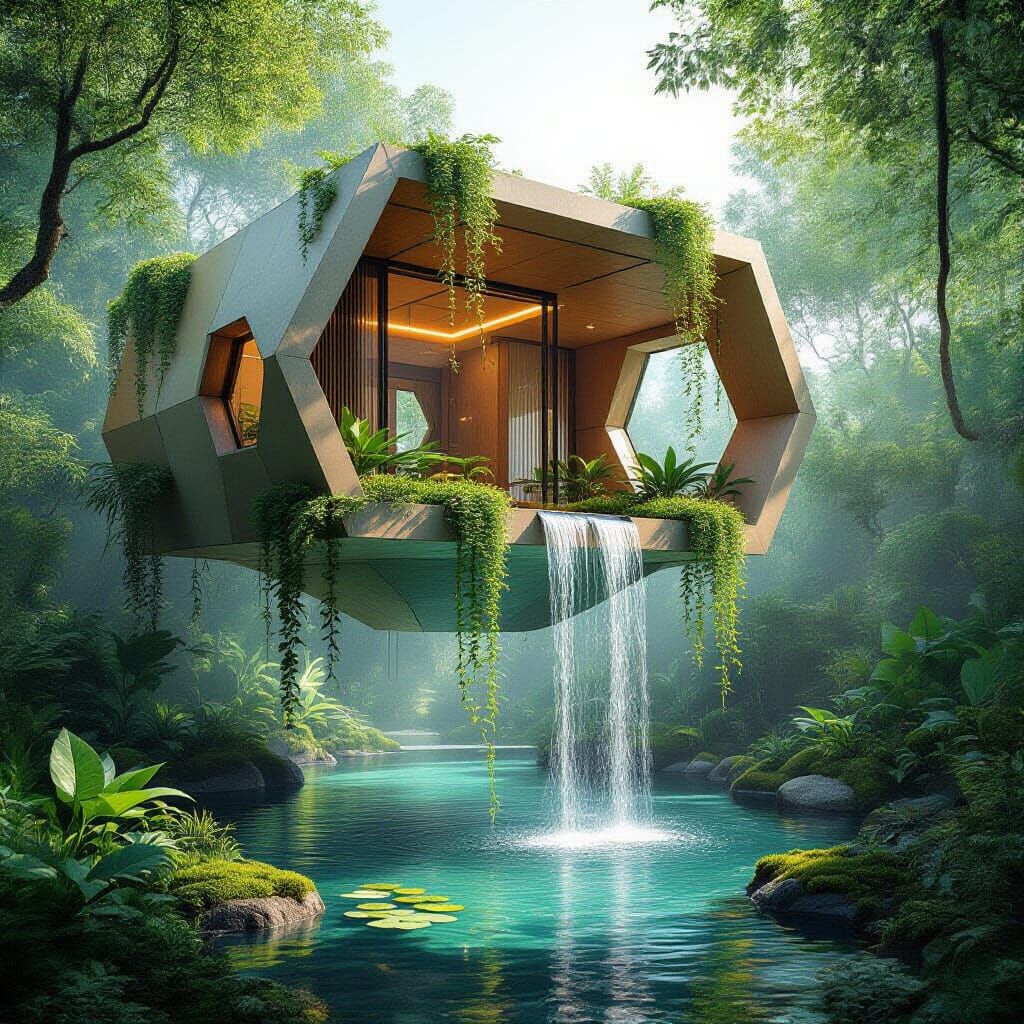 Floating Geometric House in Lush Biophilic Landscape