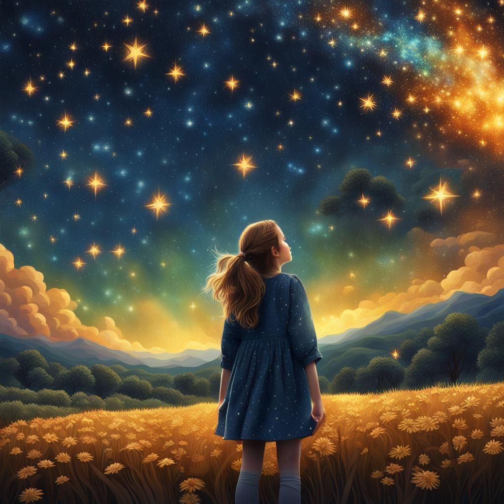 Girl Gazing at Starry Night Sky: Hyperrealistic Digital Pain...