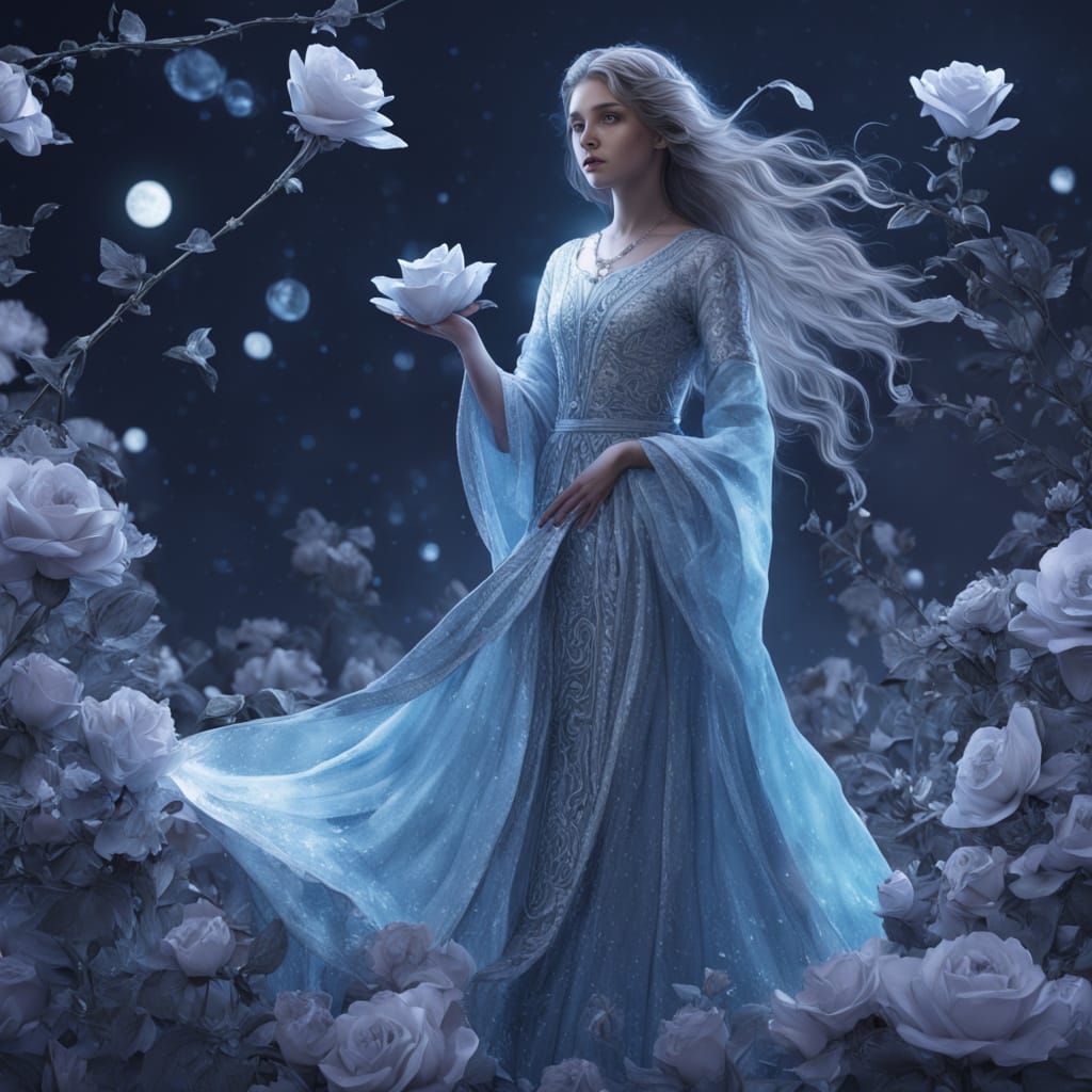Ethereal Fantasy Girl on Magical Rose Under Moonlight