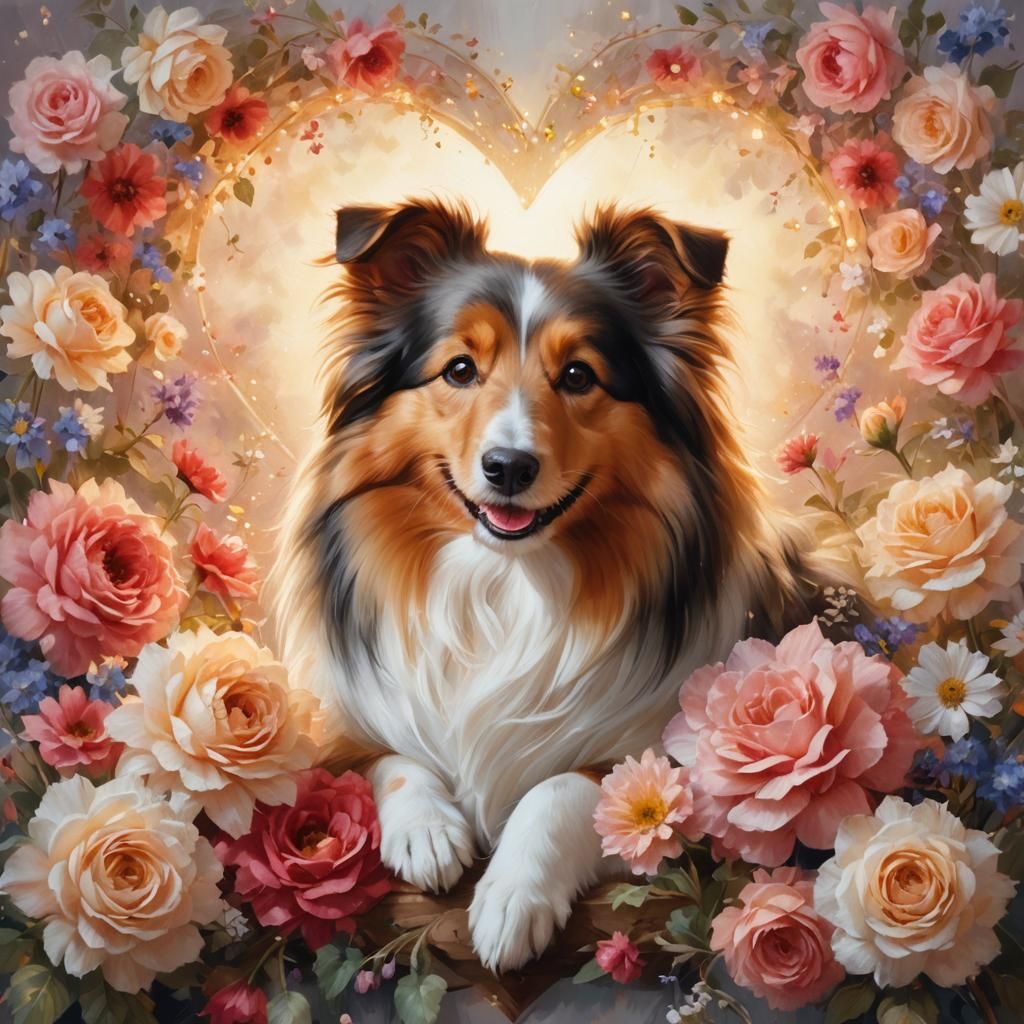 Fluffy Sheltie Dog on Floral Heart Painting