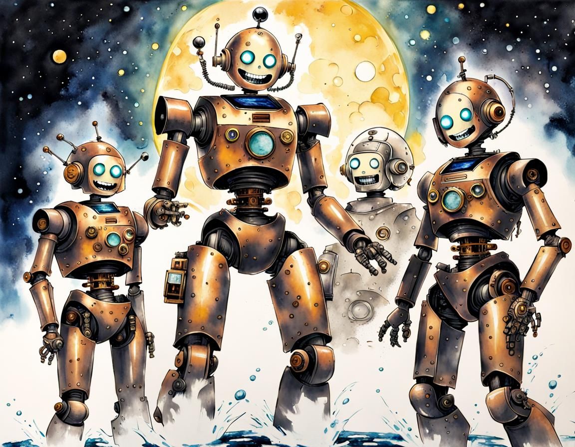 Steampunk Robots Share a Joke in Outer Space