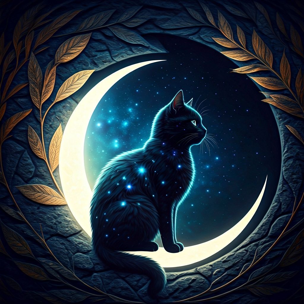 Black Cat Gazing at Bioluminescent Stars