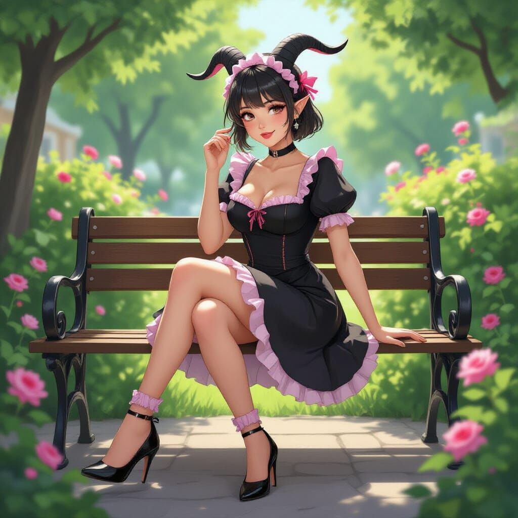 Goatfolk Maid Taking Off Heels in Garden