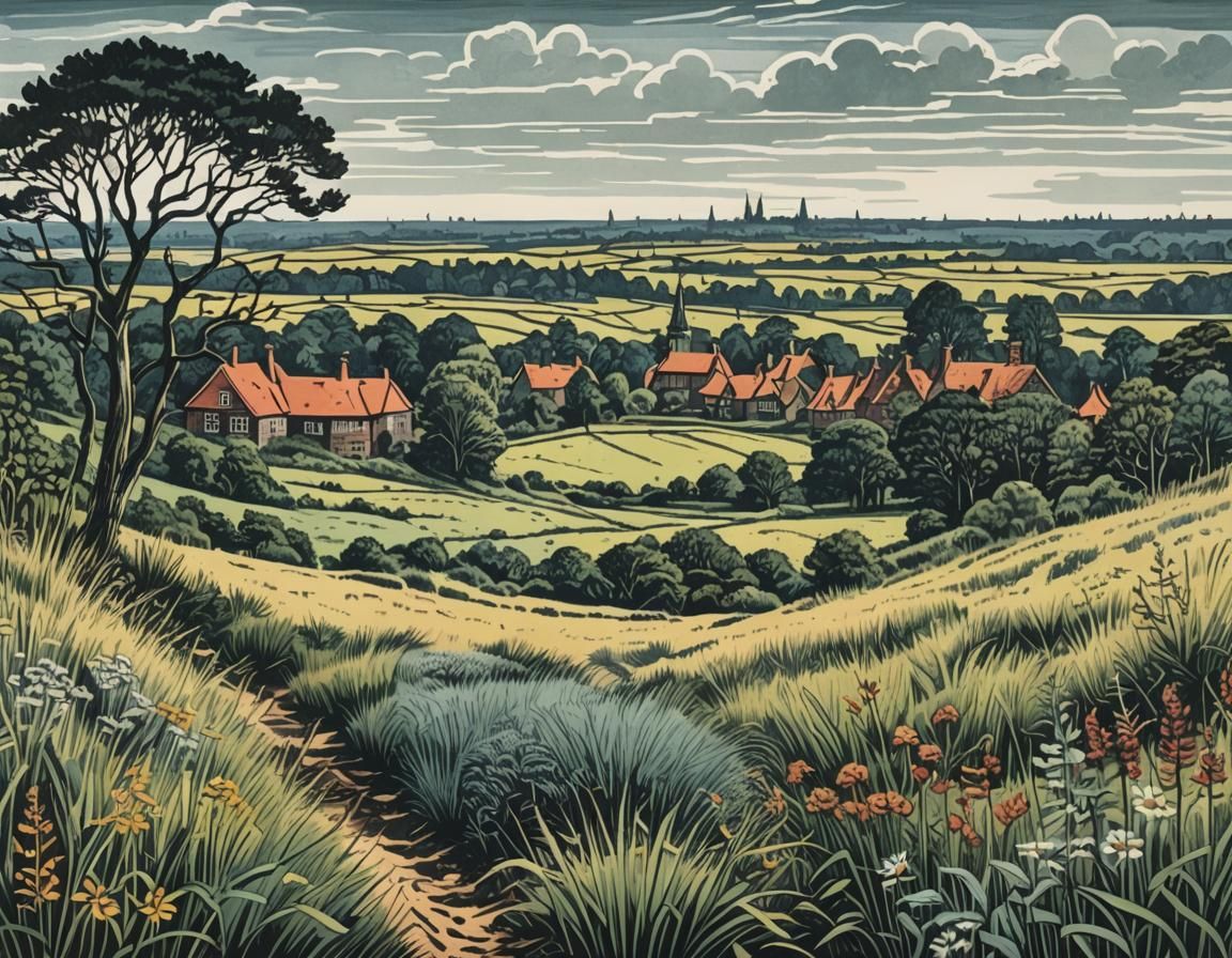 Lüneburg Heath Village as Hand-Colored Linoprint