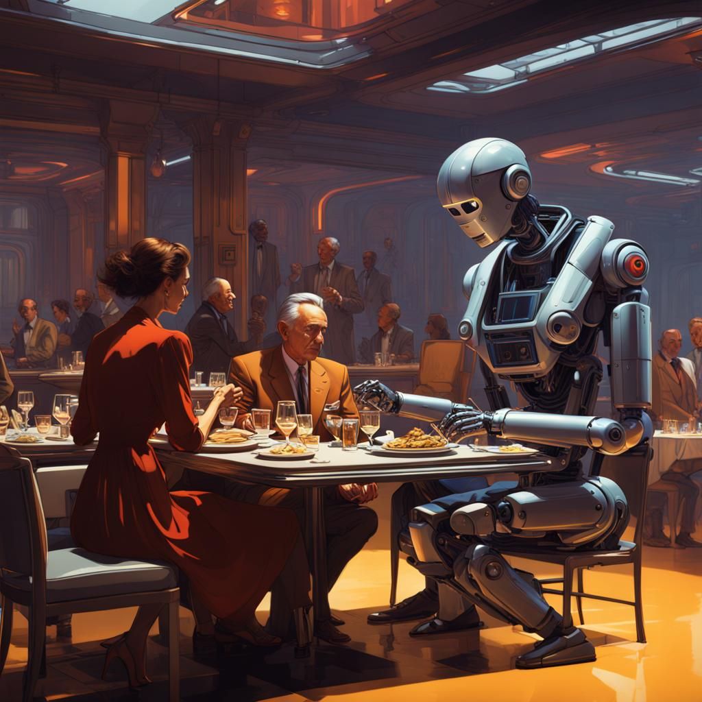 Robots and People at Dinner, Detailed Matte Painting