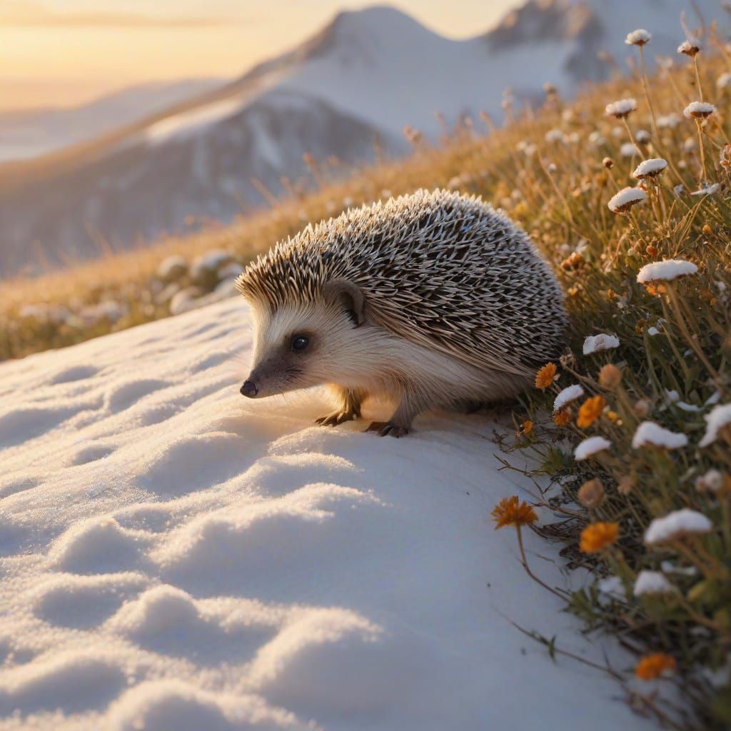 Hedgehog in Snowy Alps at Golden Hour