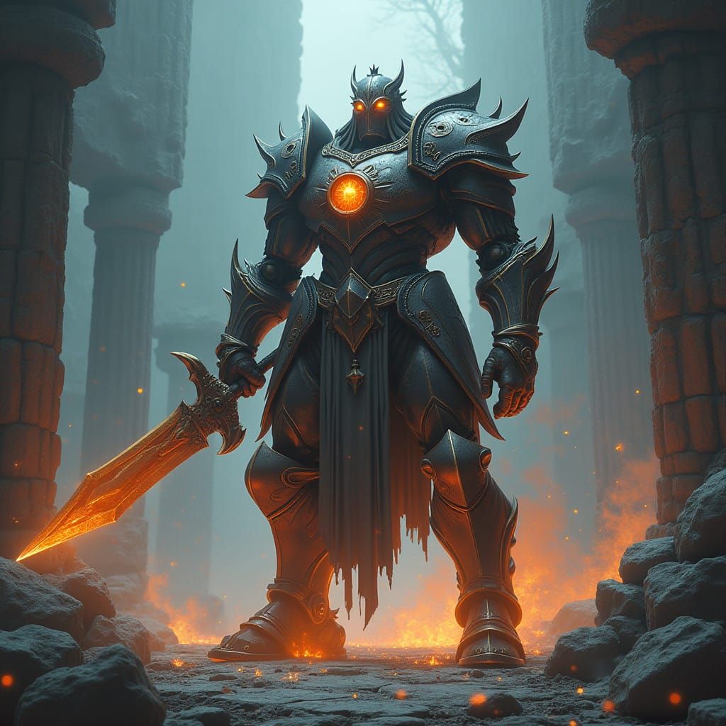 Ancient Warforged Knight in Splendid, Glowing Armor