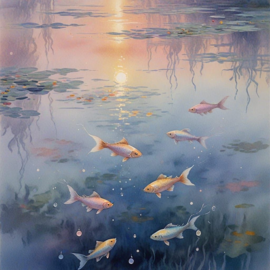 Surreal Watercolor of Serene Lake at Dawn