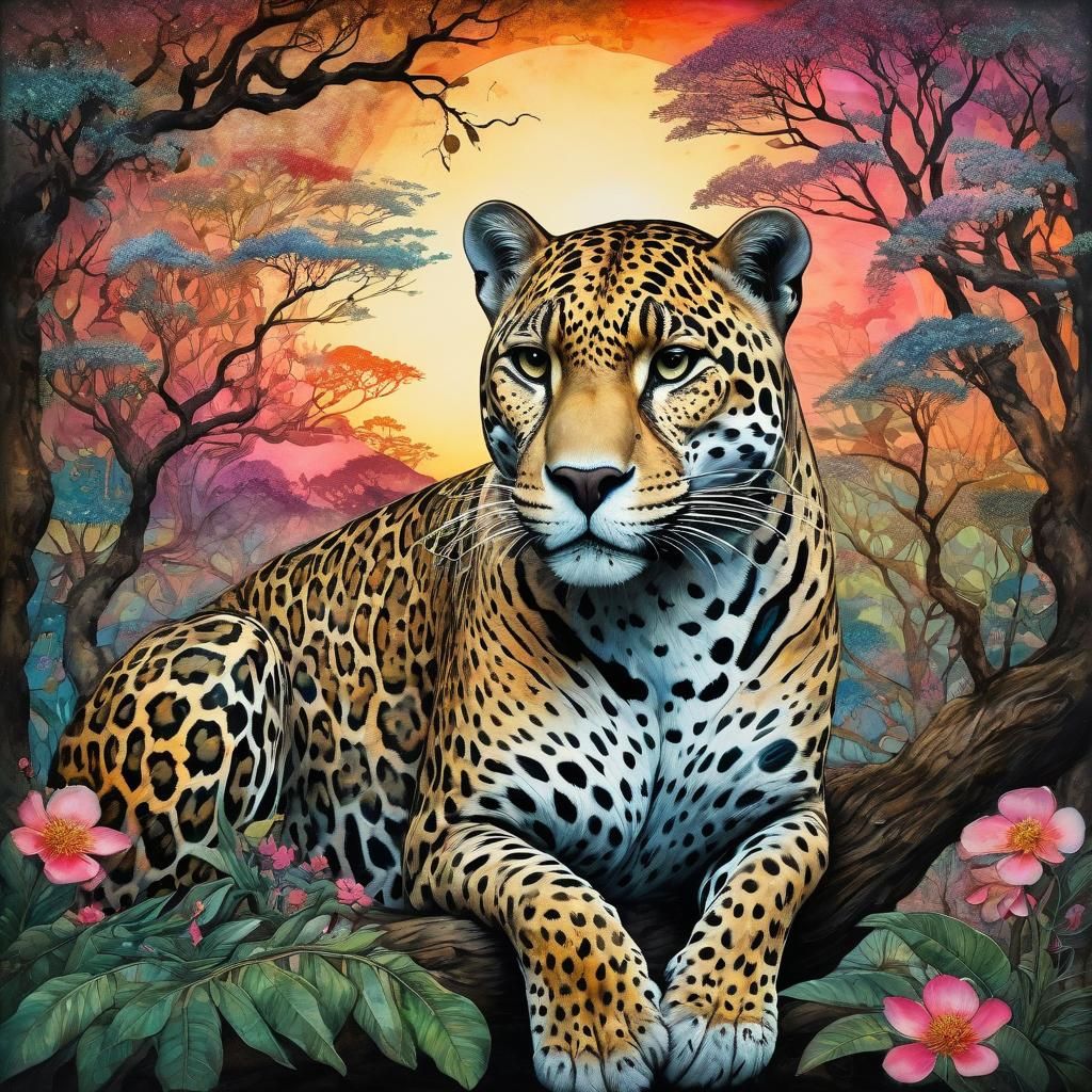 Jaguar, Sunset, and Rainforest