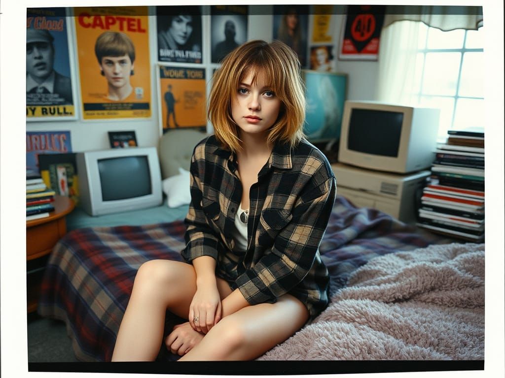 Grunge Woman in Plaid Bed, Inspired by 90s Photography