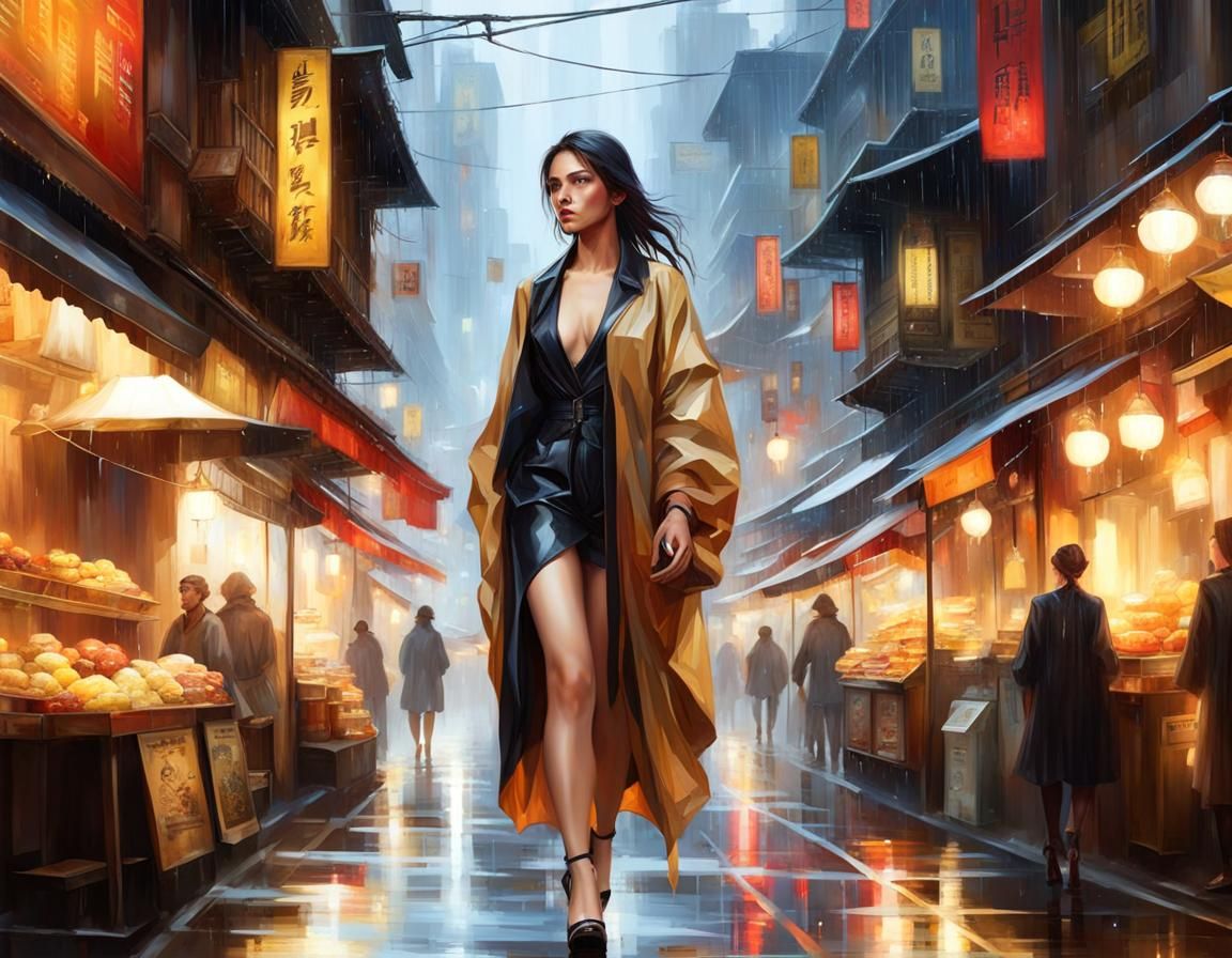 Futuristic City: Wet Girl Walking in Rain