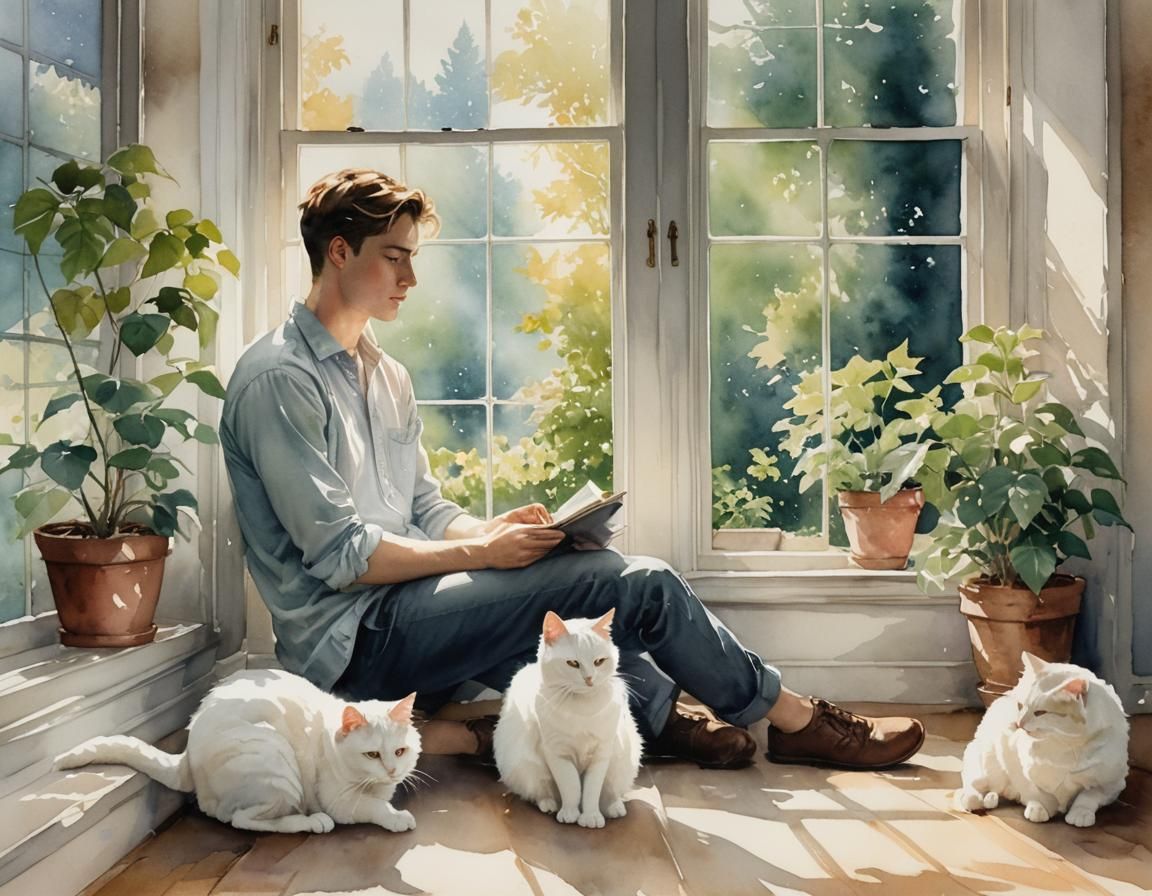 Contemplative Watercolor of Man and Cat by Window