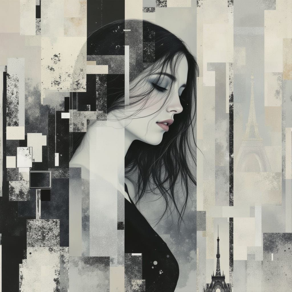 Ethereal Glitch Art Collage in Vellumside Style