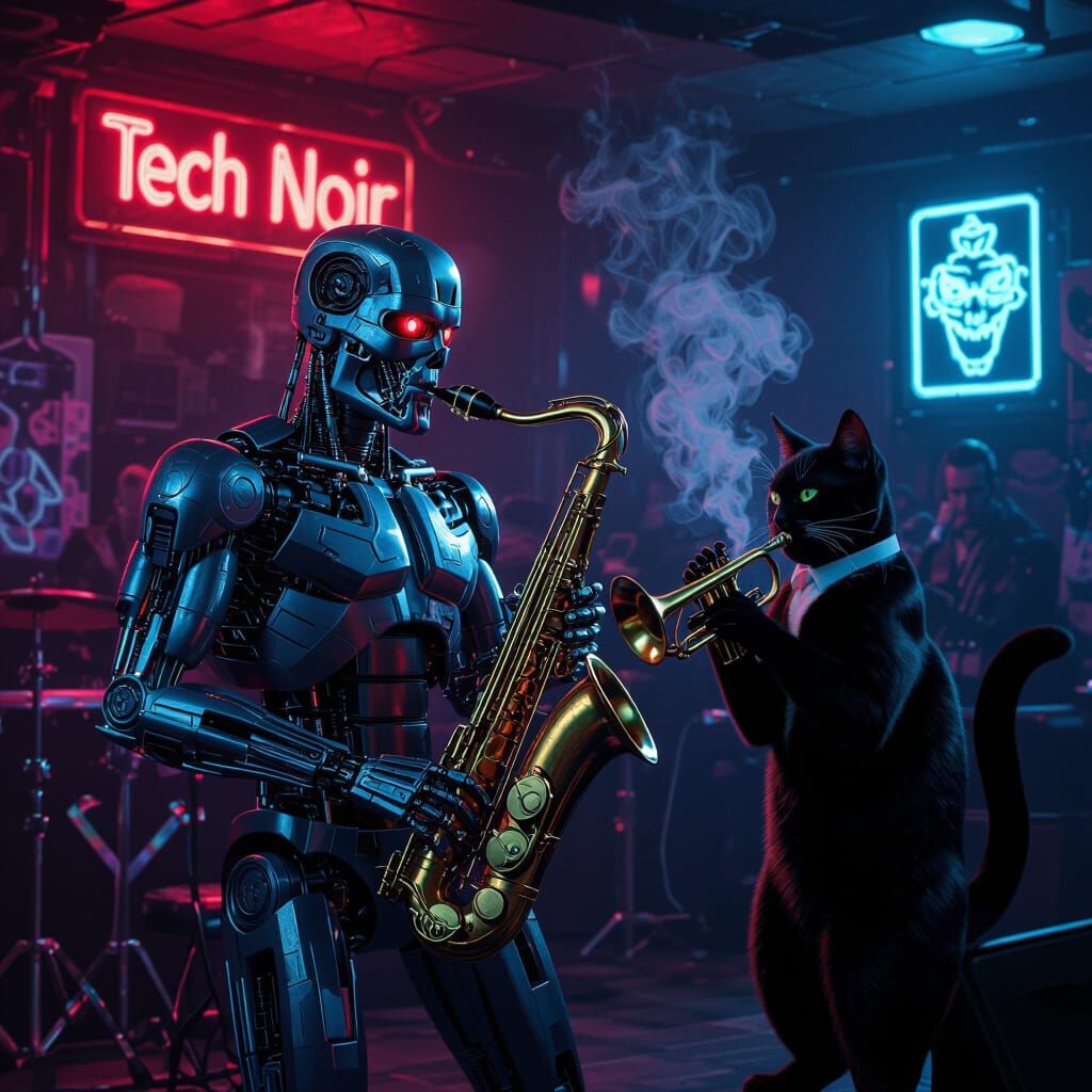 Cyborg and Cat Play Music in Tech Noir Club