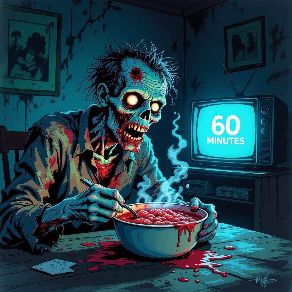 Zombie Eating Brains Watching 60 Minutes News