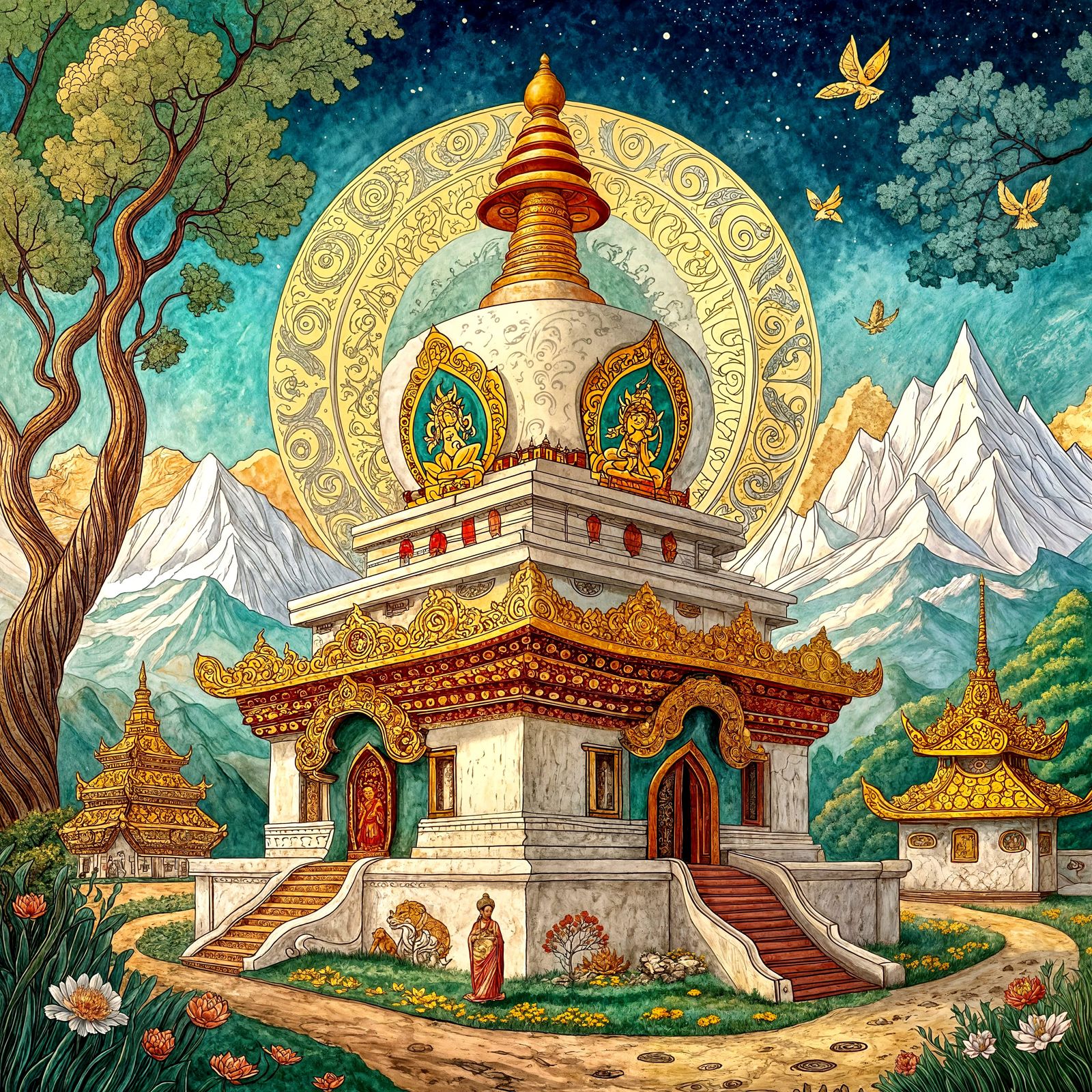 Vibrant Thangka Painting of White Pagoda Temple