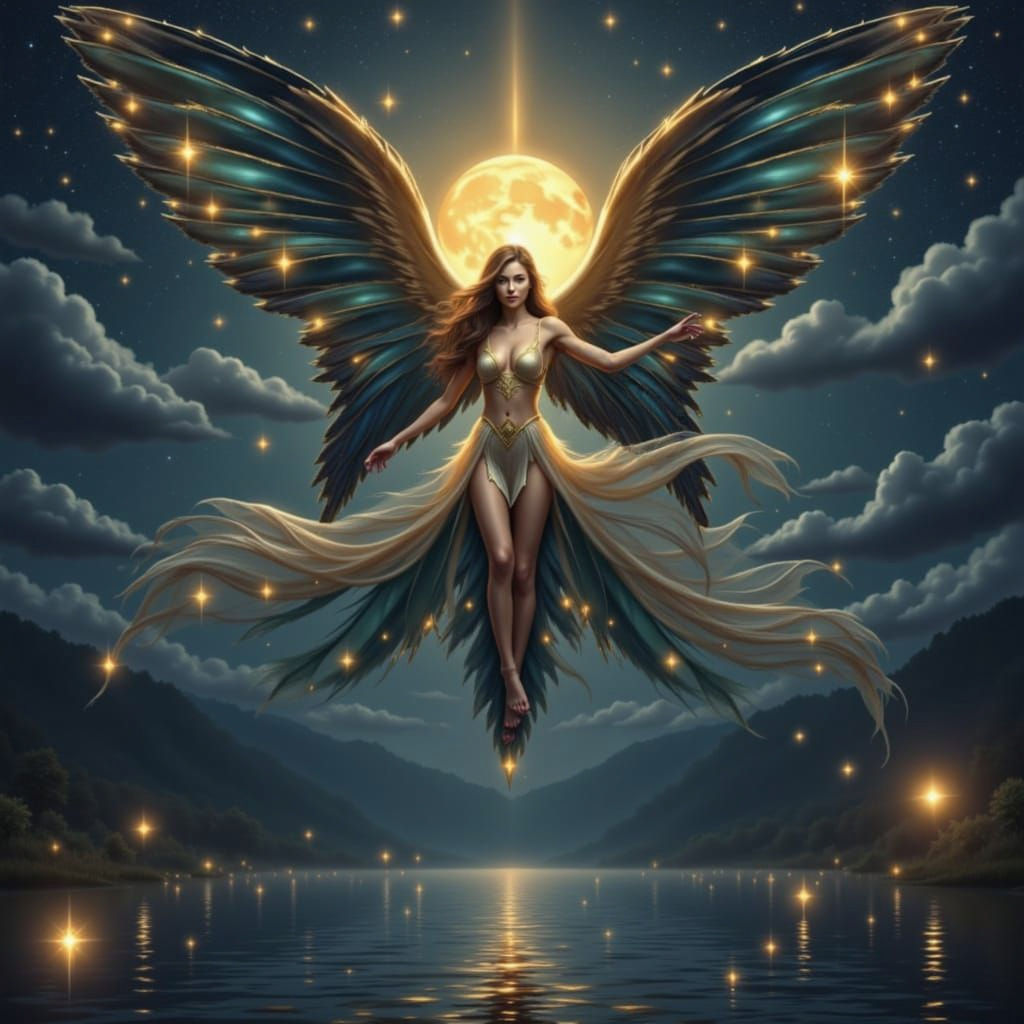 Golden Winged Maiden Flying Over Lake at Night