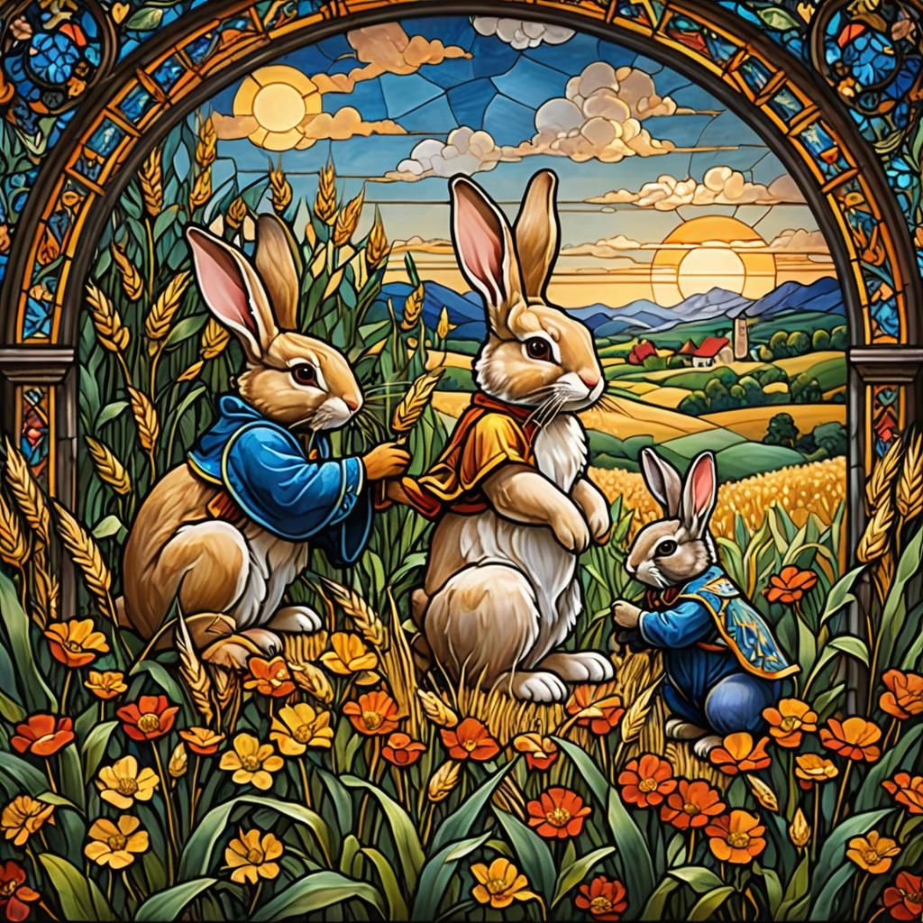 Rabbits Harvesting Grain in Stained Glass Style