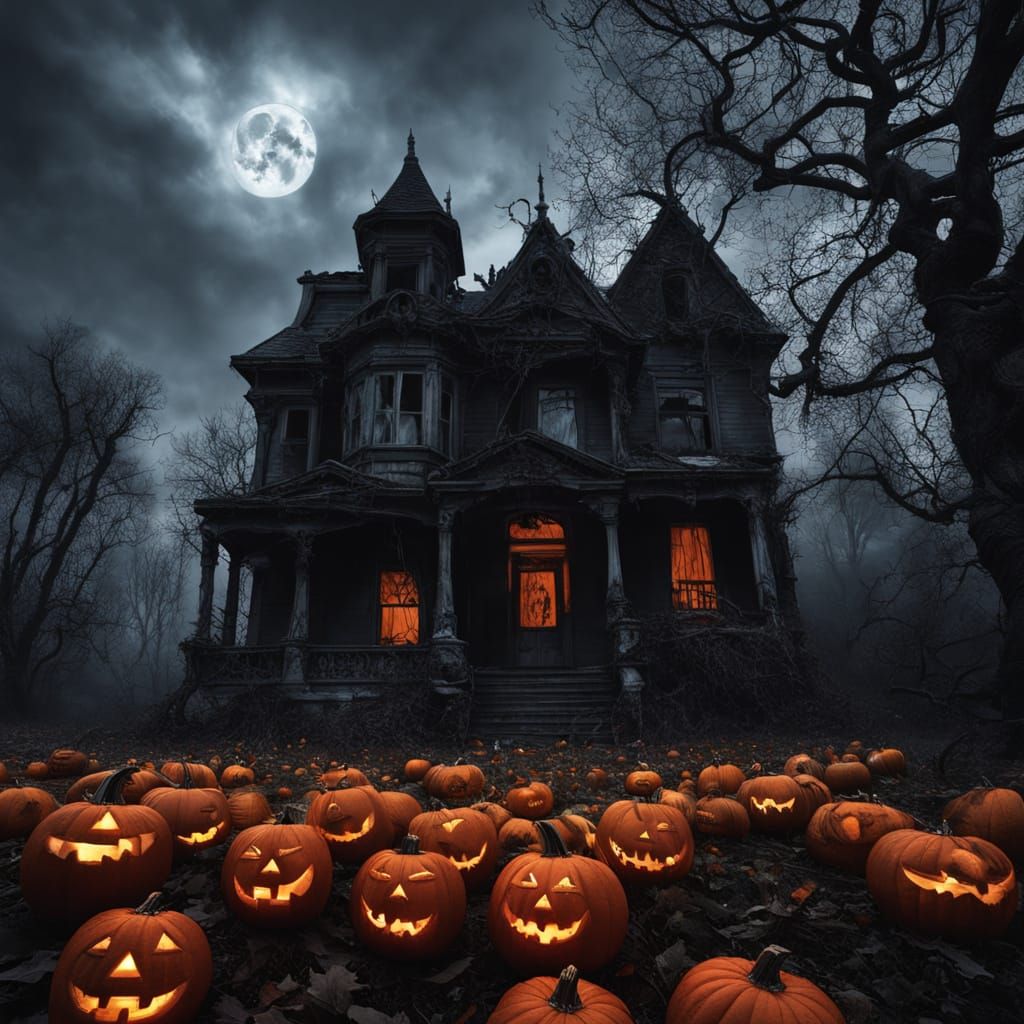Surreal Gothic Mansion Glows with Jack-o'-lanterns in Thick ...