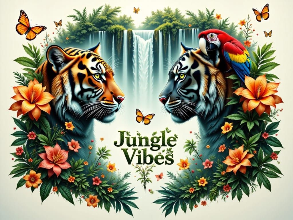 Symmetrical Double Exposure: Tiger, Macaw, and Jungle Paradi...