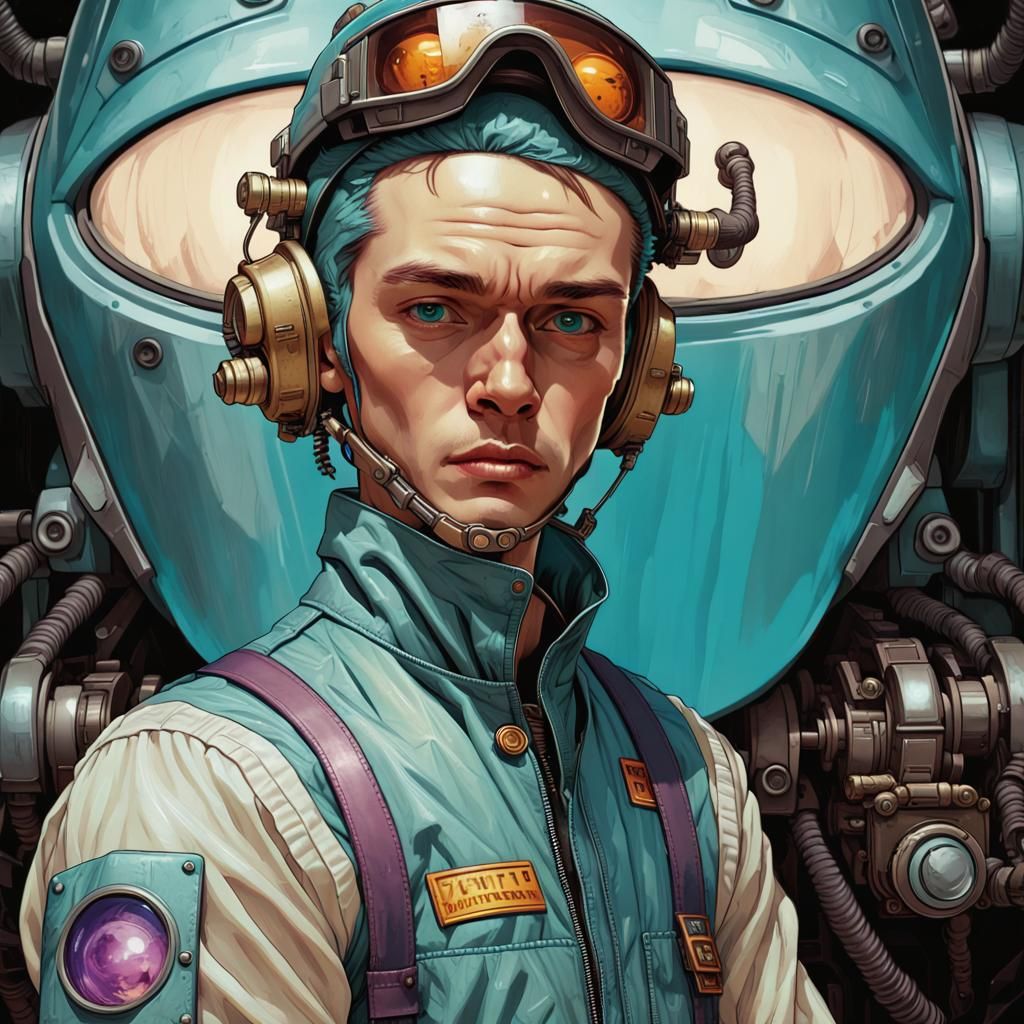 Extraterrestrial Mecha-Forklift Pilot Portrait in Maximalist...