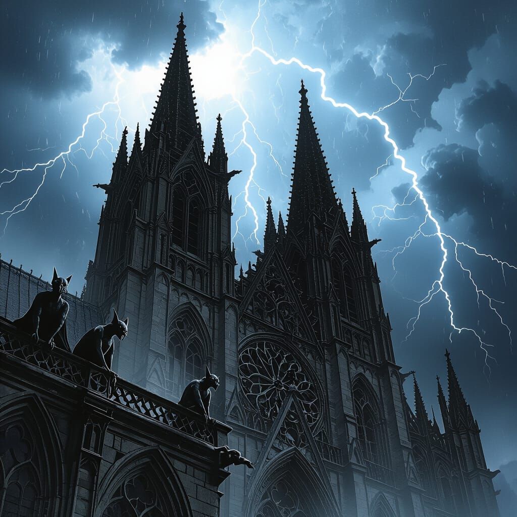 Gothic Cathedral Amidst Stormy Sky with Gargoyles