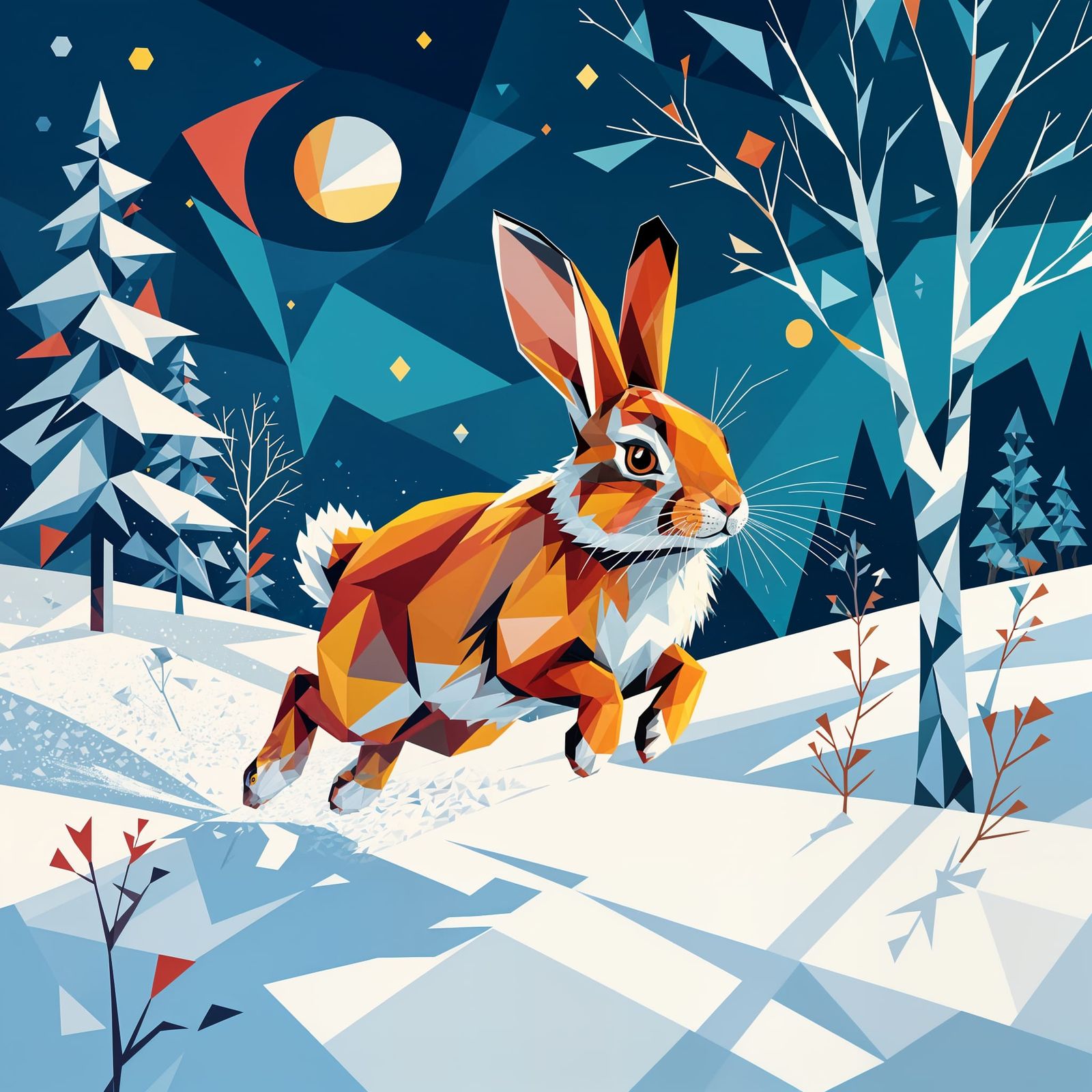 Geometric art style. Close-up shot. A stylized rabbit render...