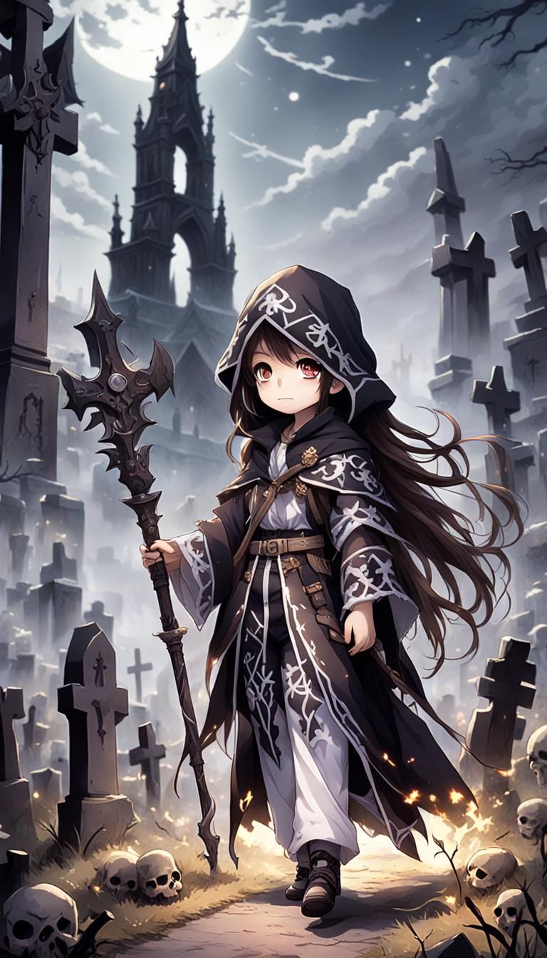 Chibi Necromancer at Graveyard in Anime Style