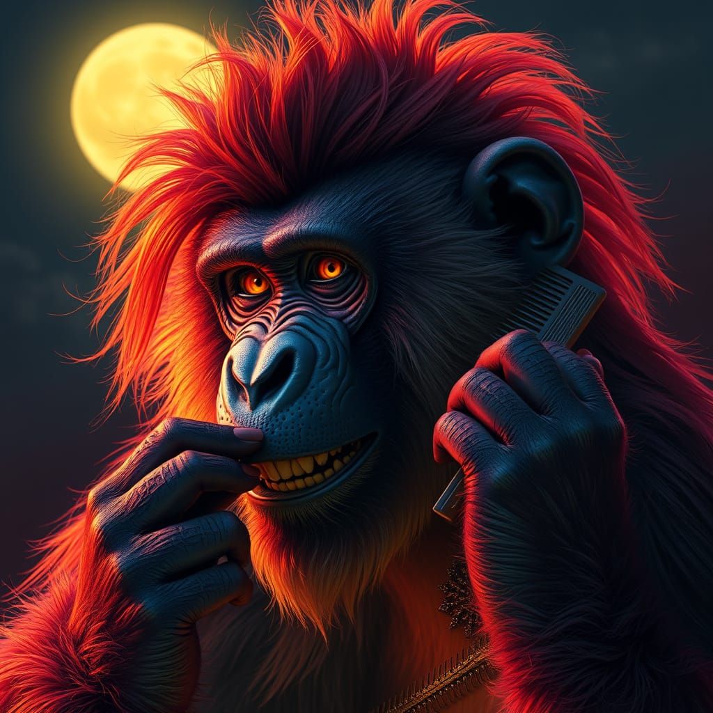 Baboon Combing Hair in Dark Fantasy Style