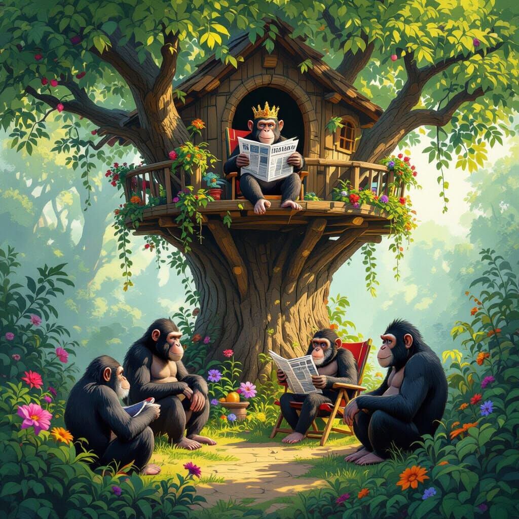 Apes Gather at Forest Treehouse, King Ape Reads Newspaper