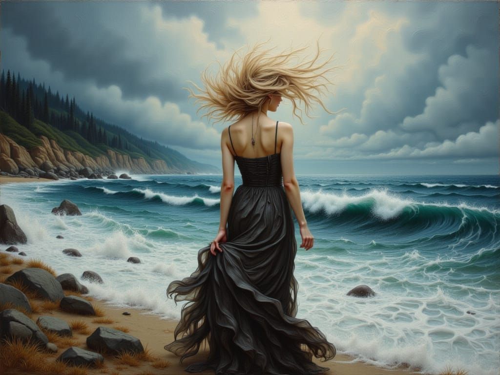 At the beach, hair blowing in the wind