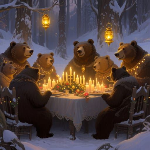 Bears Celebrate Candlelight Eve in Snowy Forest