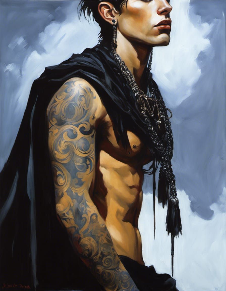 Gothic Emo Portrait with Tattoos in Acrylic Style