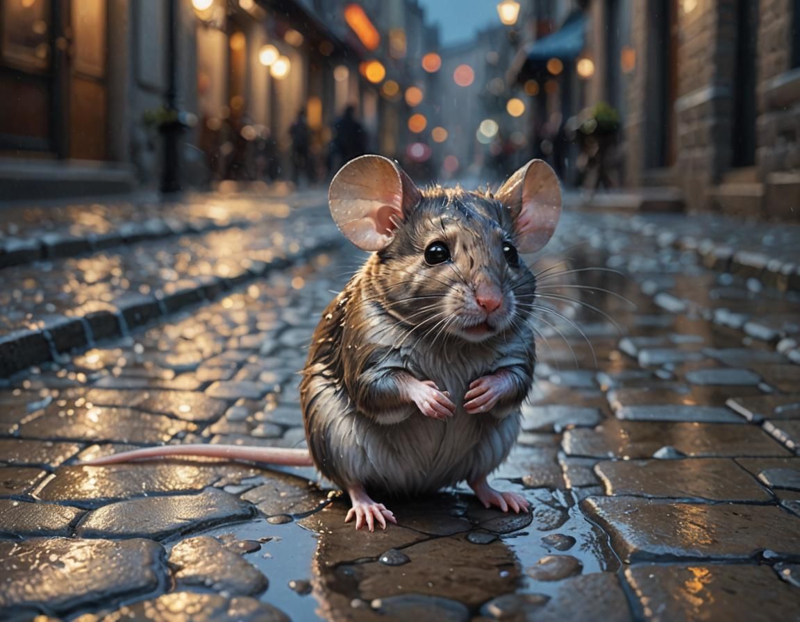 Little mouse soaked in the cold rain