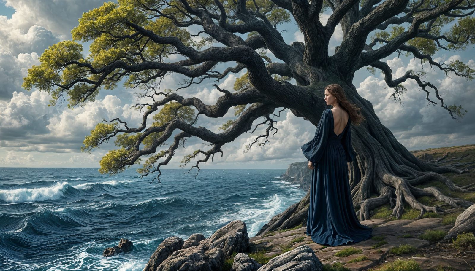 Majestic Oak on Windswept Cliff in Modernist Style