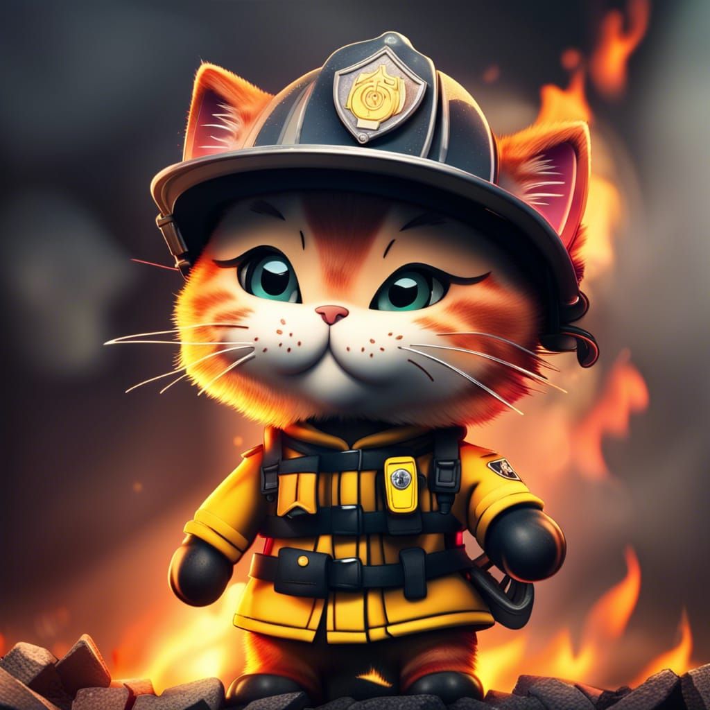 Chibi Firefighter Cat Portrait in Fiery Scene