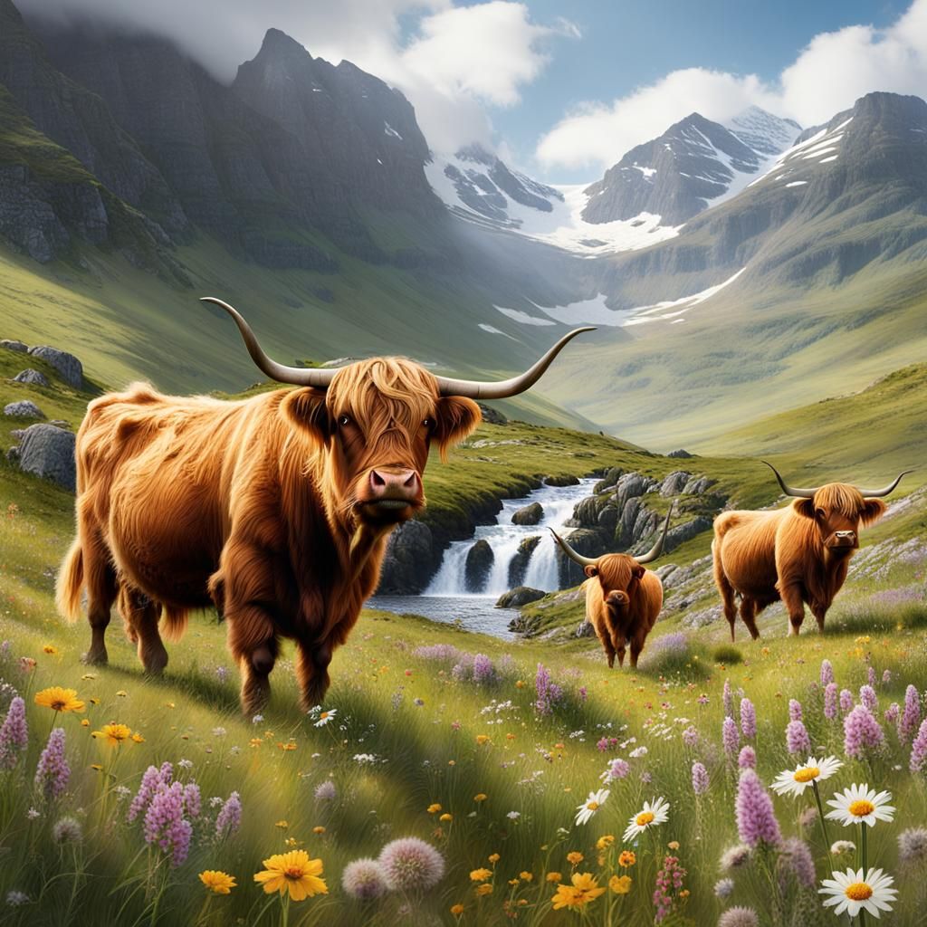 Highland Cows in Wildflower Meadow