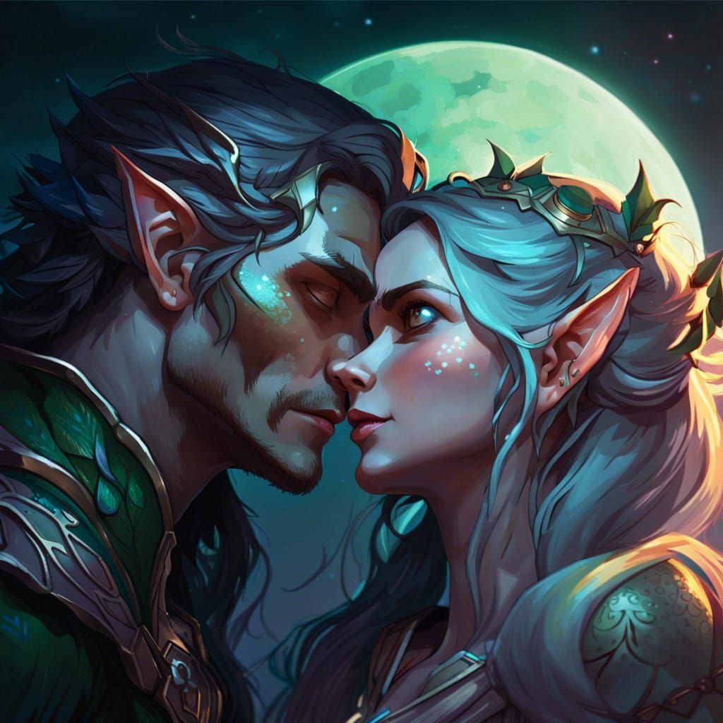 Elven Moonlight Kiss: Detailed Fantasy Portrait
