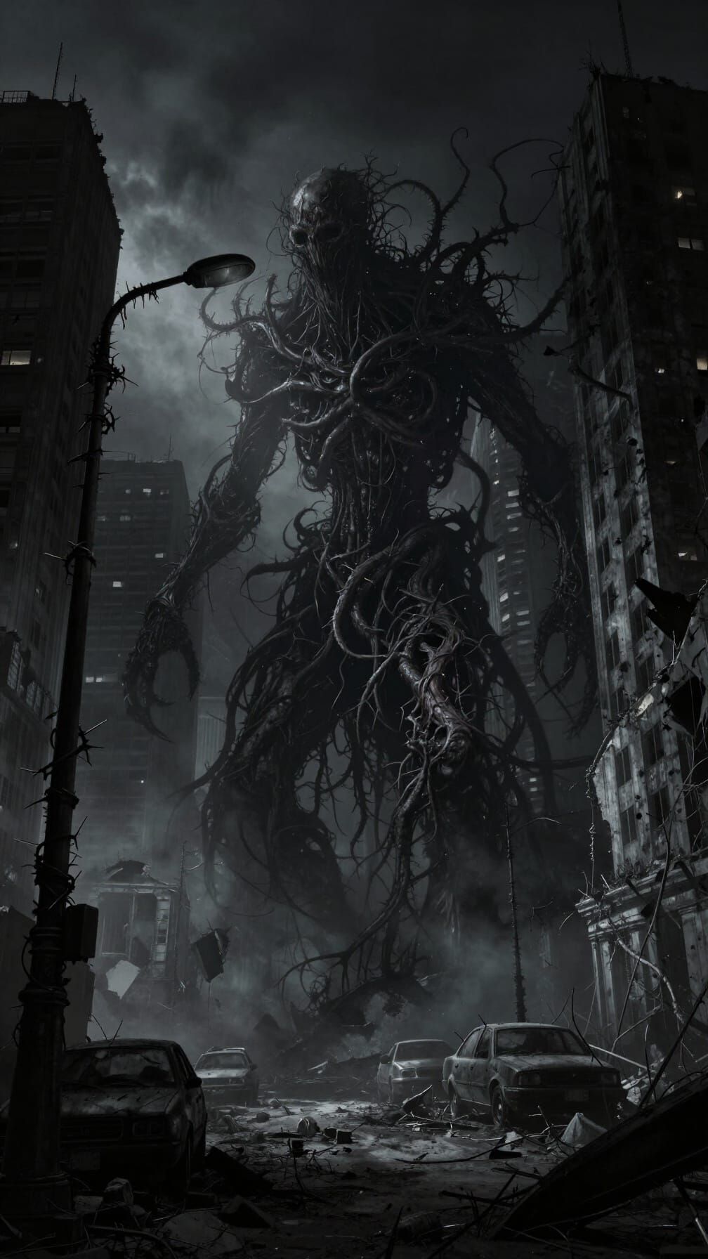 Gothic Tenebrism Horror Plant in Post-Apocalyptic City