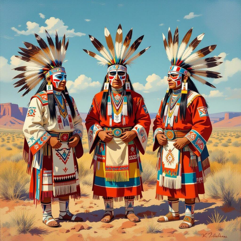 Vibrant Kachina Figures in Dramatic Desert Landscape