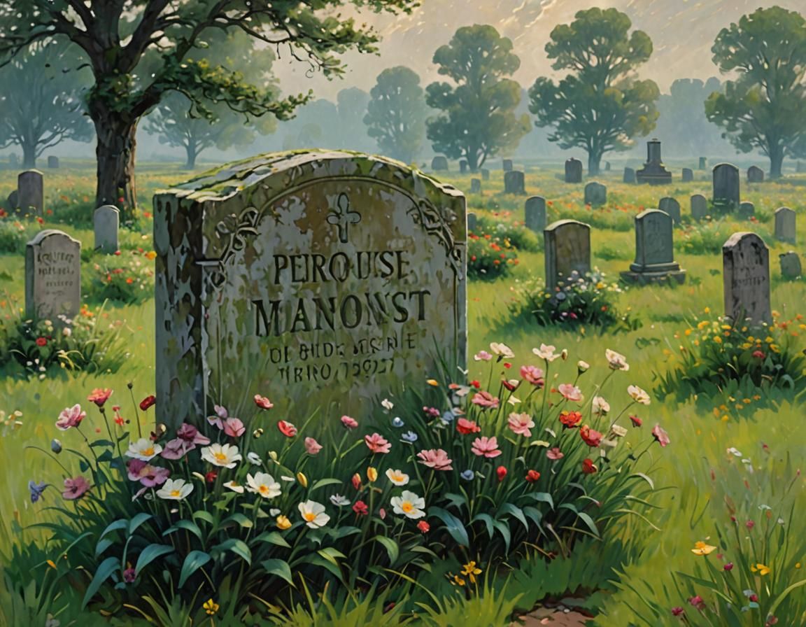Impressionist Flowers Bloom Around Tombstone in Meadow