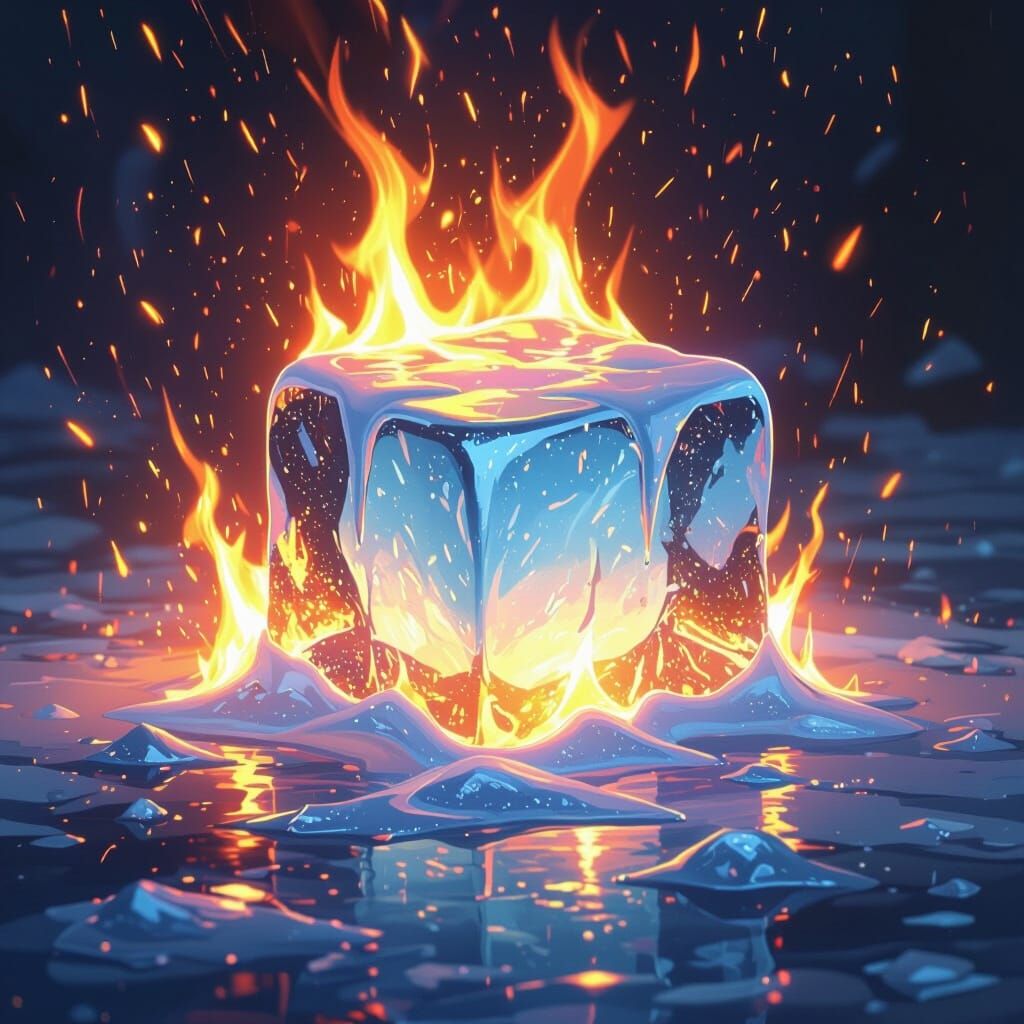 Flaming Ice Cube in Digital Painting Style