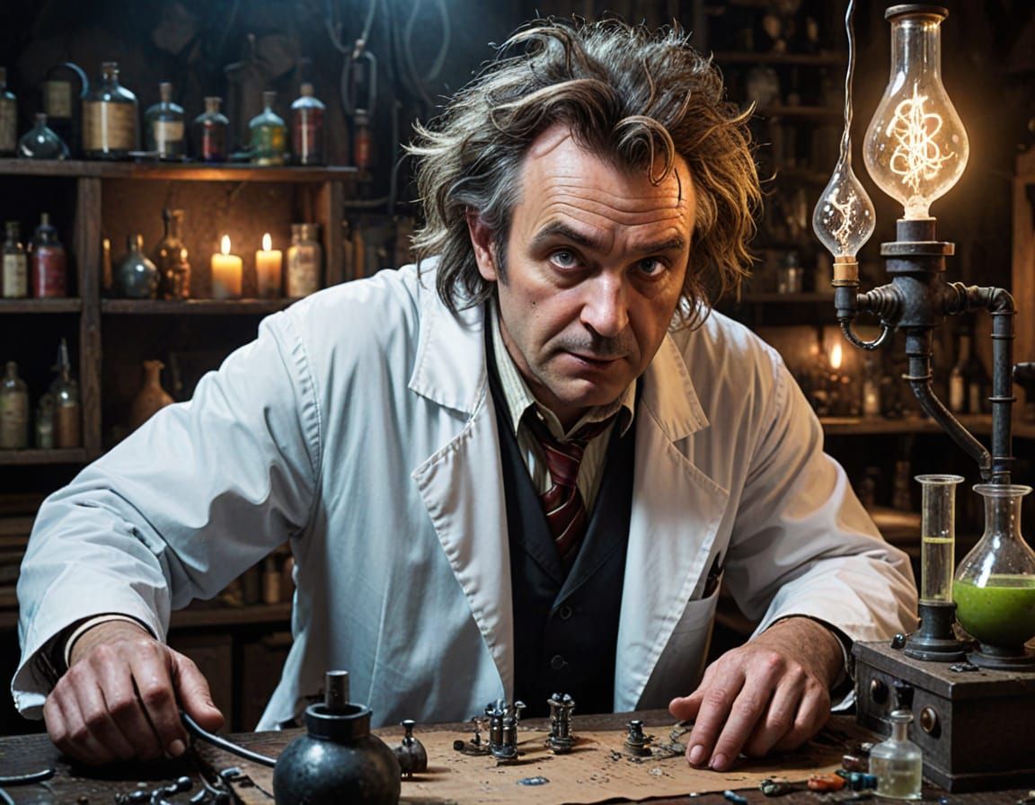 Mad Scientist in a Gothic Laboratory Scene