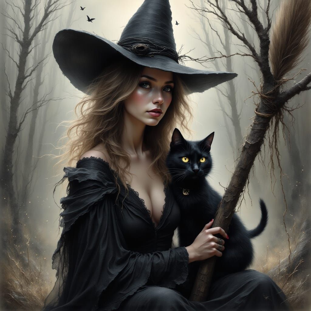 Bewitched Woman with Black Cat and Broom