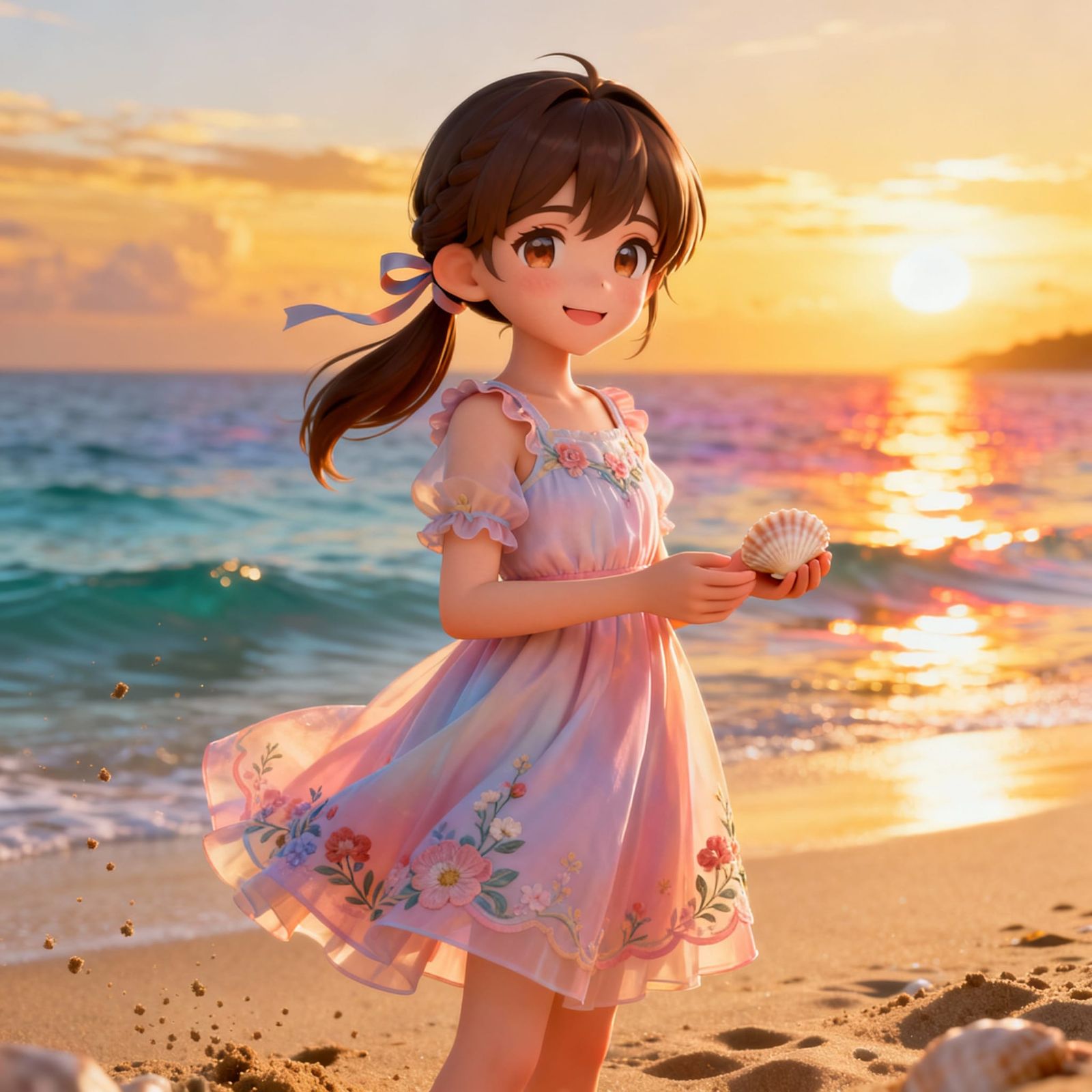 Cute Girl in Floral Sundress on Golden Hour Beach