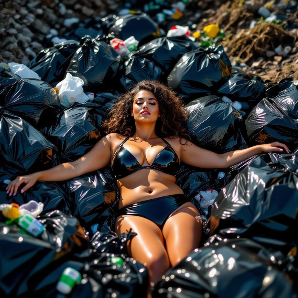 Curvy Woman in Latex Bikini in a Garbage Pit